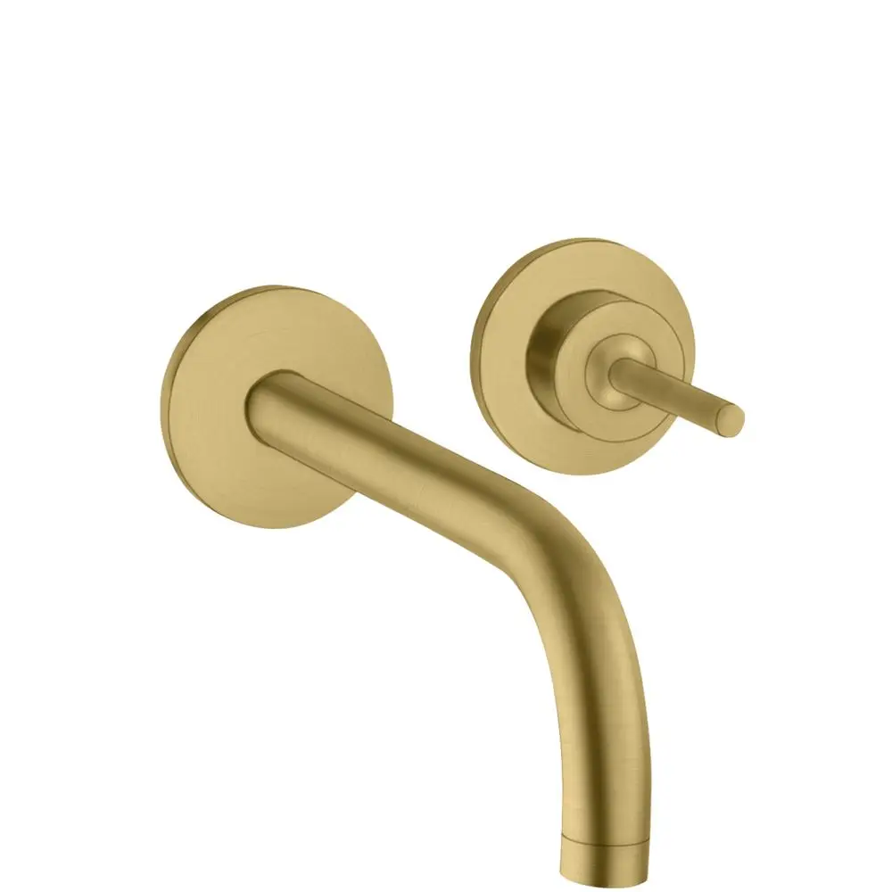 Waschtischmischer von AXOR für Wandmontage, bestehend aus einer gebogenen Auslaufleitung und einem Bedienelement, in gebürstetem Gold-Finish.